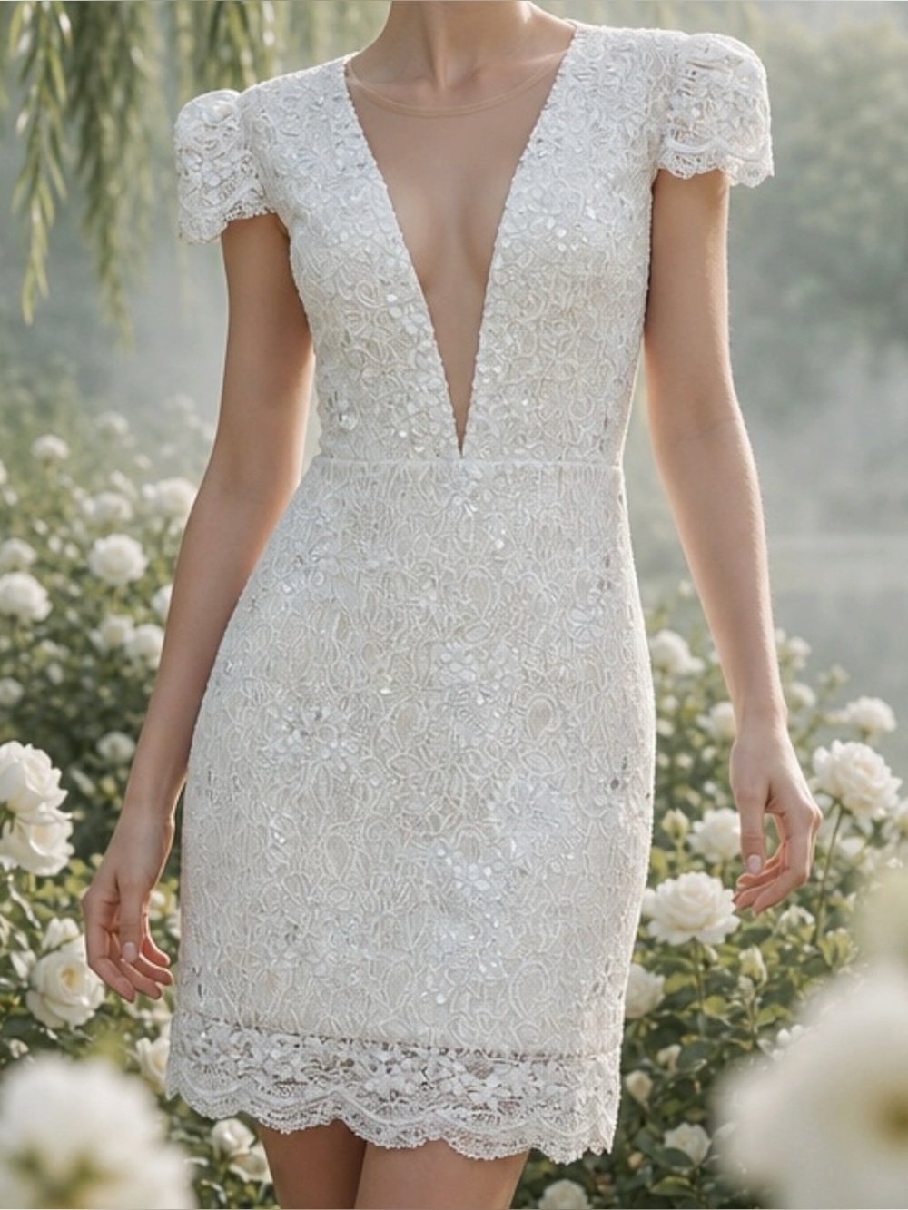 NEW DRESS THE POPULATION Cecilia Illusion Plunge Lace Sequin Dress, White, SM